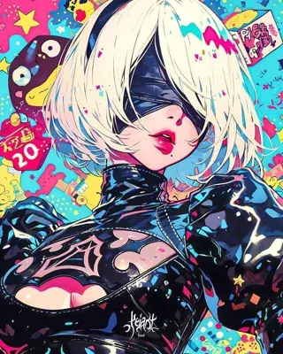 Digital illustration of 2B from NieR:Automata in a graffiti-inspired style.
