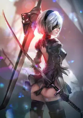 Digital art of 2B from NieR:Automata standing from a rear-view perspective, holding a katana against a blurry industrial background.