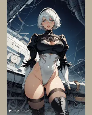 Illustration of 2B from NieR:Automata in her iconic outfit, standing in a futuristic industrial setting.
