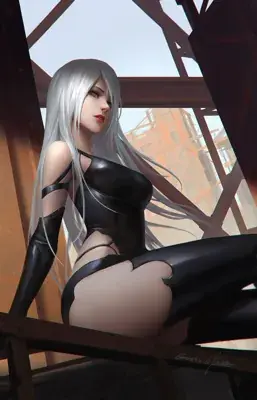 Digital art of 2B from NieR:Automata standing in front of a ruined industrial structure.