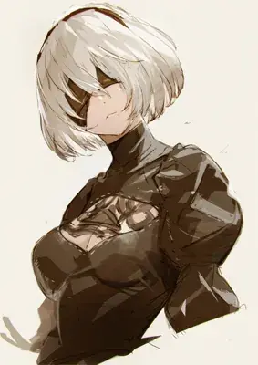 Digital illustration of 2B from NieR:Automata, looking downwards with a melancholic expression.