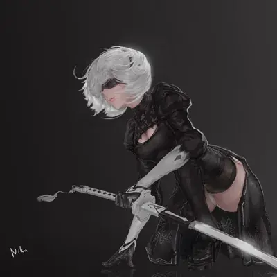 Illustration of 2B from NieR:Automata wielding her katana.