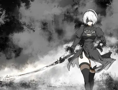 Illustration of 2B from NieR:Automata wielding her katana.