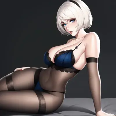 Digital art of 2B from NieR:Automata in a lingerie set.