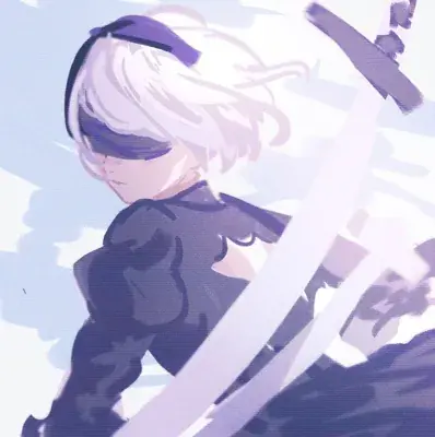 Digital art of 2B from NieR:Automata holding her sword, viewed from a low angle.