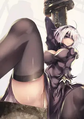 Digital art of 2B from NieR:Automata in a low-angle pose.