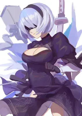 Illustration of 2B from NieR:Automata in her black dress and blindfold.