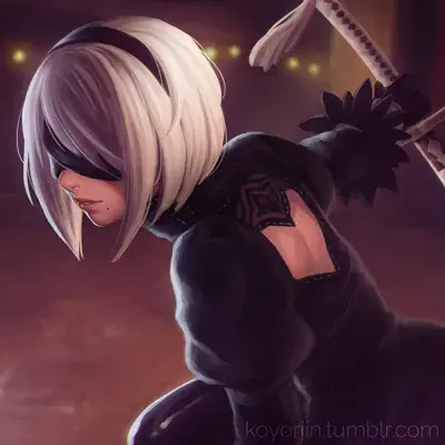 Digital art of 2B from NieR:Automata in her combat outfit, holding her sword.