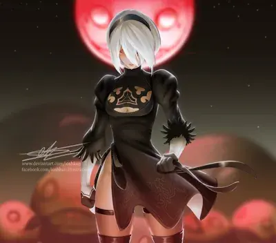Digital art of 2B from NieR:Automata standing against a red moon.