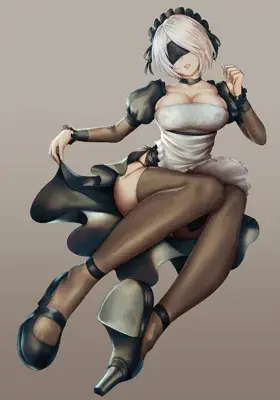 Digital art of 2B from NieR:Automata in a maid outfit.