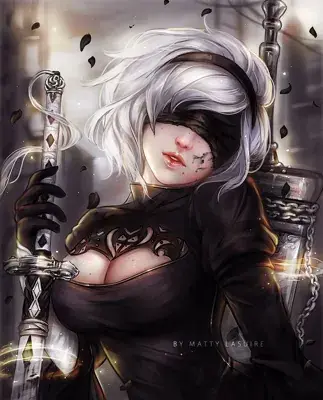 Digital art of 2B from NieR:Automata, holding her sword with a sad expression.