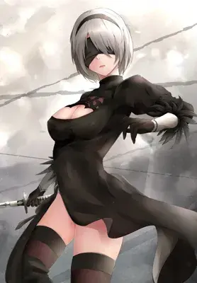 Illustration of 2B from NieR:Automata in her black combat dress.