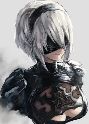 Digital painting of 2B from NieR:Automata, featuring her signature blindfold and silver hair.