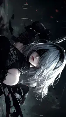 Digital art of 2B from NieR:Automata in a dramatic pose.