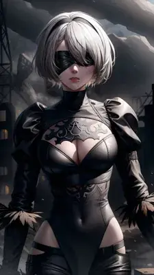 Digital art of 2B from NieR:Automata in her signature black dress and blindfold, set against a ruined cityscape.
