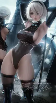 Digital art of 2B from NieR:Automata in her iconic black dress.