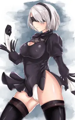 Illustration of 2B from NieR:Automata in her iconic black dress and blindfold.