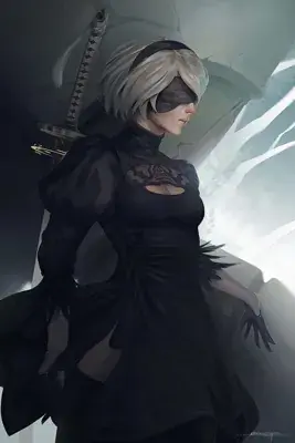 Digital art of 2B from NieR:Automata in her black dress and blindfold.