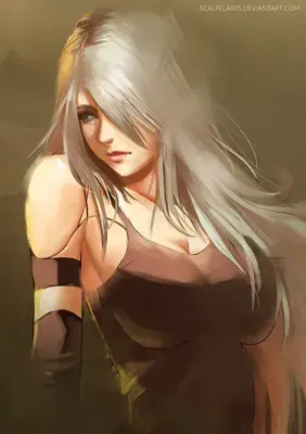 Digital painting of 2B from NieR:Automata with long white hair and a dark outfit.
