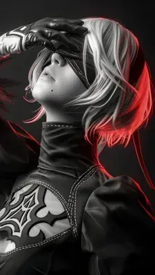 Digital art of 2B from NieR:Automata with white hair and a black outfit.