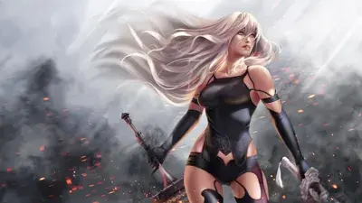 Digital art of 2B from NieR:Automata in a dynamic combat pose.