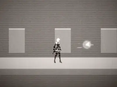 2B from NieR:Automata stands in a stark, geometric environment, preparing to unleash an attack.