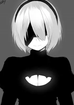 Grayscale illustration of 2B from NieR:Automata with her signature blindfold and white hair.