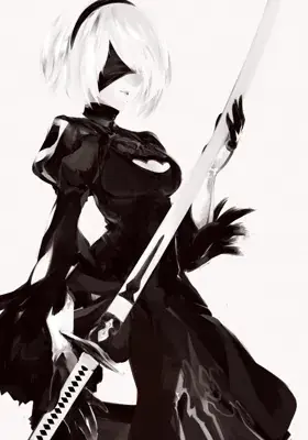 Digital art of 2B from NieR:Automata in black and white, holding a katana.