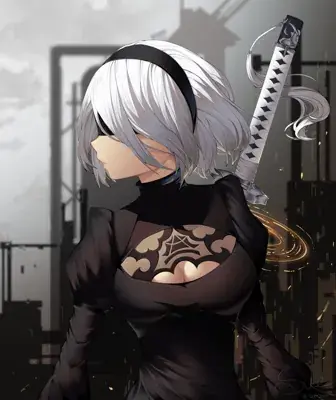 A high-quality digital illustration of 2B from NieR Automata with white hair and a black blindfold, standing in a post-apocalyptic industrial setting with a sword on her back.
