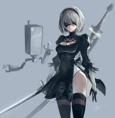 Illustration of 2B, the android protagonist from NieR:Automata, in her signature black dress and with her sword.