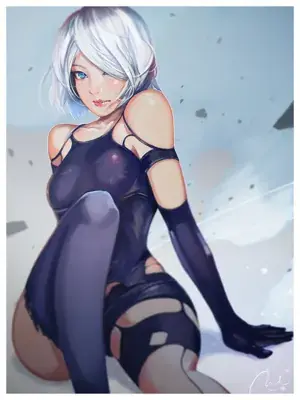 Digital art of 2B from NieR:Automata in her iconic black dress.