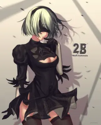 Digital art of 2B from NieR:Automata in her iconic black dress.