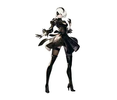 Full-body illustration of 2B in her iconic black dress and blindfold.