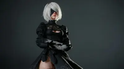 3D render of 2B from NieR:Automata in her signature black dress and blindfold.