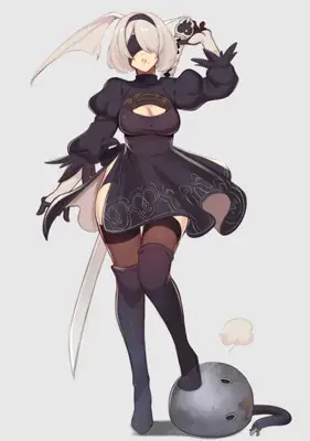 Illustration of 2B from NieR:Automata in her iconic outfit, posing with Pod 042.
