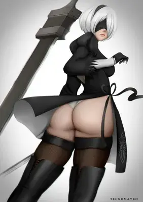 Digital art of 2B from NieR:Automata in a suggestive pose.