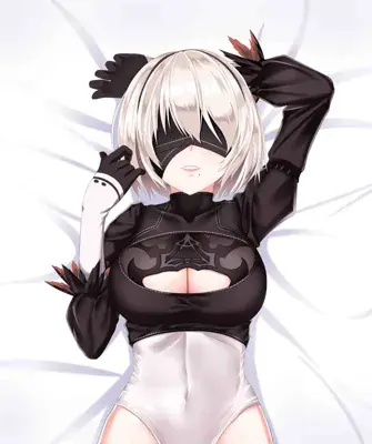 Illustration of 2B from NieR:Automata lying down in her combat outfit.