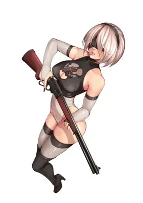 Illustration of 2B from NieR: Automata holding a rifle in a dynamic pose, wearing her iconic outfit.