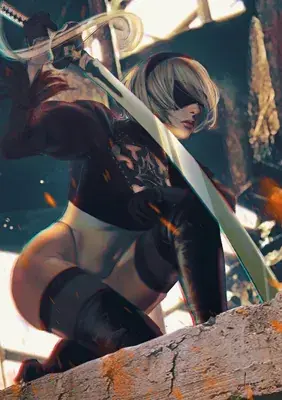 Digital illustration of 2B from NieR:Automata in a dynamic pose with her sword.