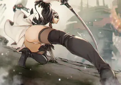 Illustration of 2B from NieR:Automata in a combat stance with her sword.