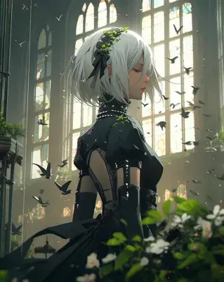 Digital art of 2B from NieR:Automata standing in a sunlit, ruined interior.