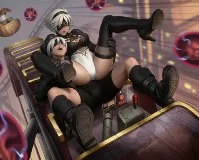 Digital art of 2B from NieR:Automata lying on a machine control panel.