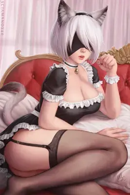 Digital illustration of 2B from NieR:Automata reclining on a couch.
