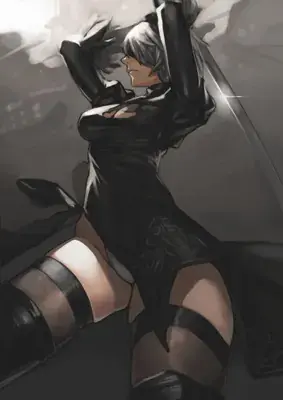 Illustration of 2B from NieR:Automata in a black dress.