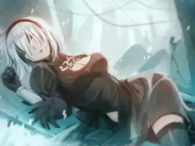 Illustration of 2B from NieR:Automata lying down, wearing her black dress and blindfold.