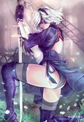 Digital art of 2B from NieR:Automata holding her sword in a ruined cityscape.