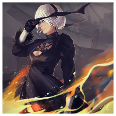 Digital art of 2B from NieR:Automata standing in a ruined cityscape.