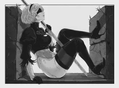 Illustration of 2B from NieR:Automata leaning against a crumbling wall.