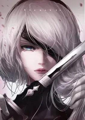 Digital art of 2B from NieR:Automata holding her katana.
