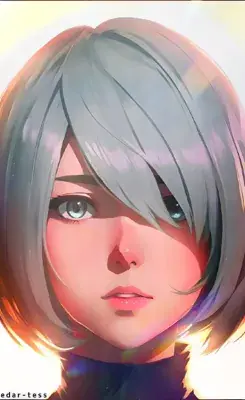 Digital portrait of 2B from NieR:Automata with silver hair and a melancholic expression.